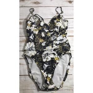 Shape Fx One Piece Swim Suit Size 12 Black White Gold Built In Bra Beach Resort